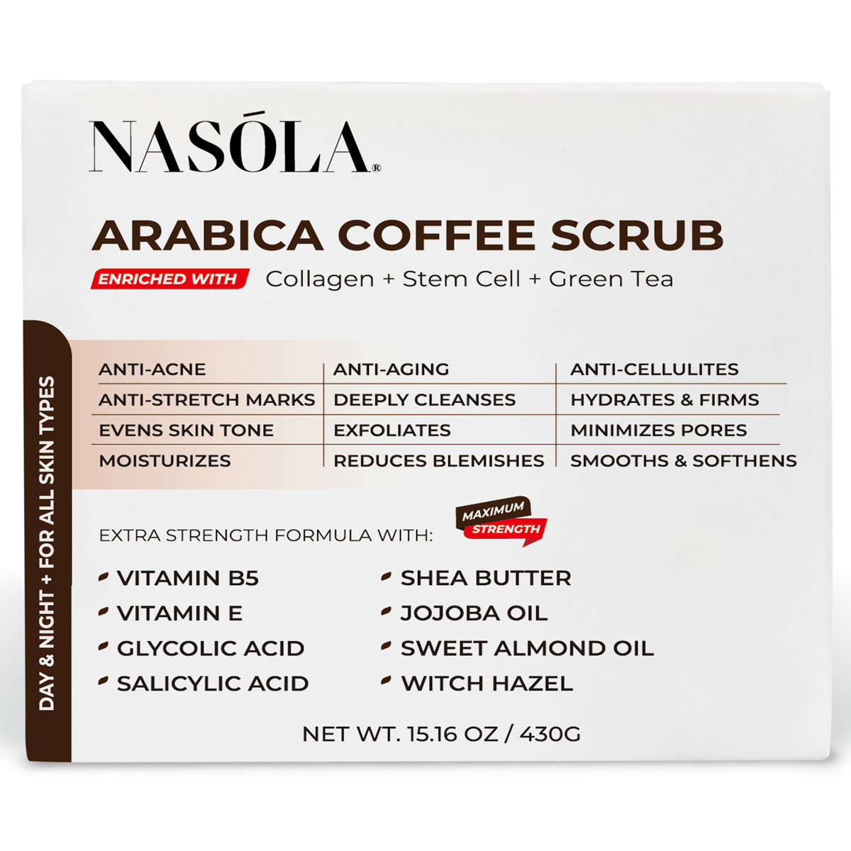 Nasola Arabica Coffee Body Scrub with Stem Cell, Collagen, Green Tea, Glycolic & Salicylic Acid
